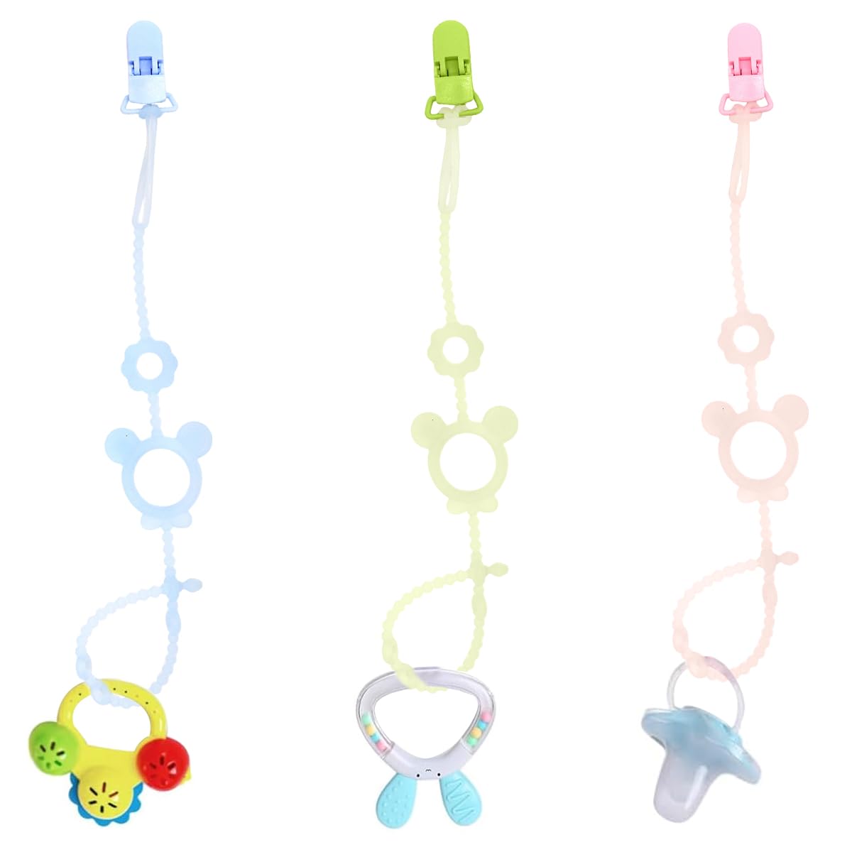 SNOWIE SOFT® 3Pcs Baby Teether Toy Chains for Stroller Baby Supplies Strap Chain with Clip BPA-Free Silicone Pacifier Holder Chain Multipurpose Anti-Lost for Toy,Milk Bottle,Handkerchief-image-38