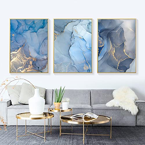 Peinture Toile Marbre Bleu Or Abstrait Moderne Salon 70x100cm - 2