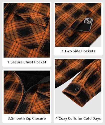 Image of V VALANCH Men's Sherpa Lined Flannel Jacket with Hood - Zip Up Plaid Shirt Jacket Winter Outdoor Warm Outerwear Fleece Coat