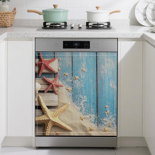 Image of Dishwasher Magnet Cover,Beach Themed Dishwasher Cover Magnetic Blue Wooden Home Appliances Refrigerator Decorative 23 inch x 26 inch