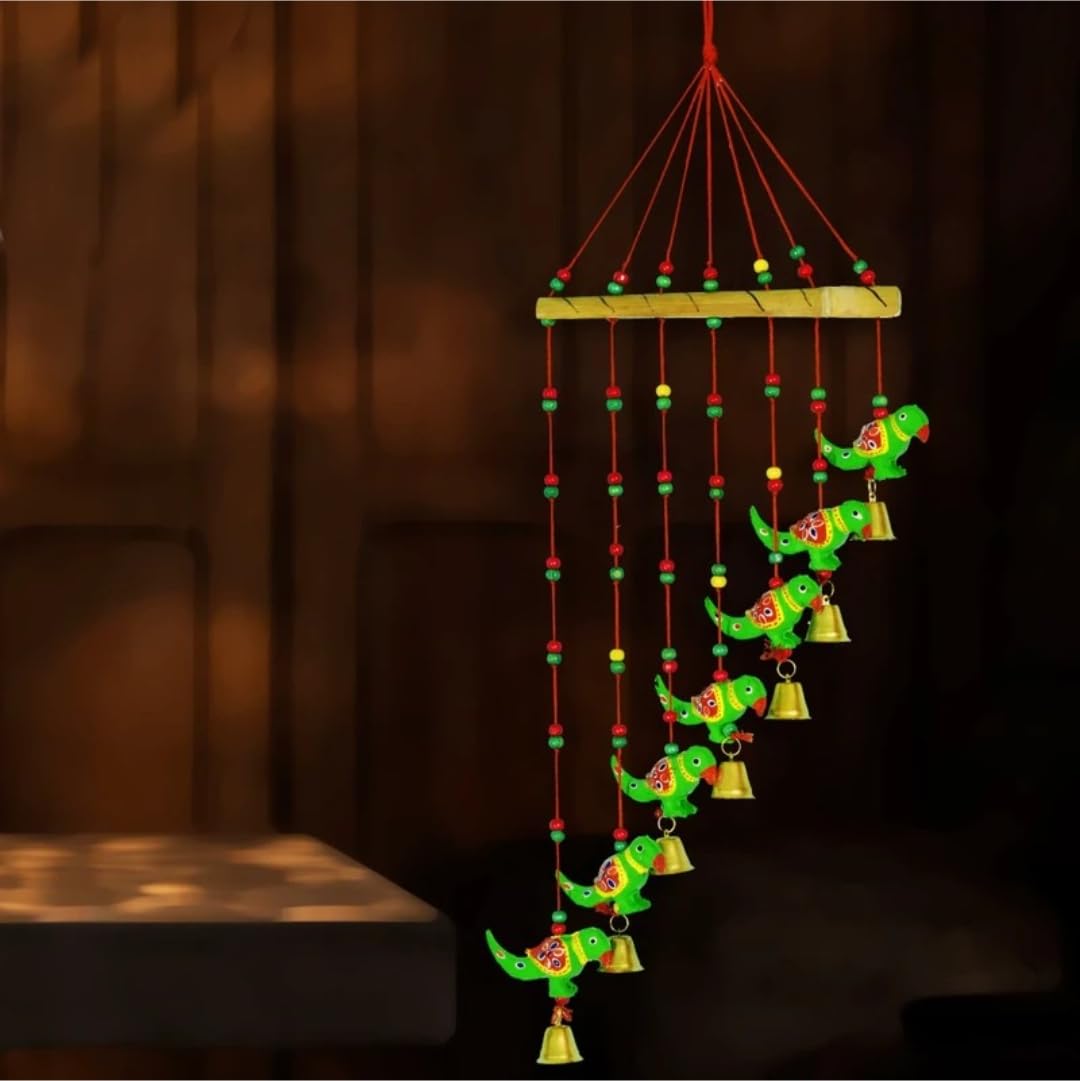 Handcrafted Parrot Wind Chime with Bells and Beads, Wall Hanging, Green, Traditional Indian Style-image-30