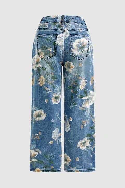 Women's High Waist Straight Jeans Summer Fashion Floral Print Casual Denim4