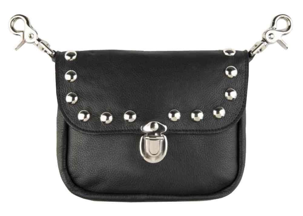 Women's Studded Clip Pouch Hip Bag, Black Leather Biker Style BC62