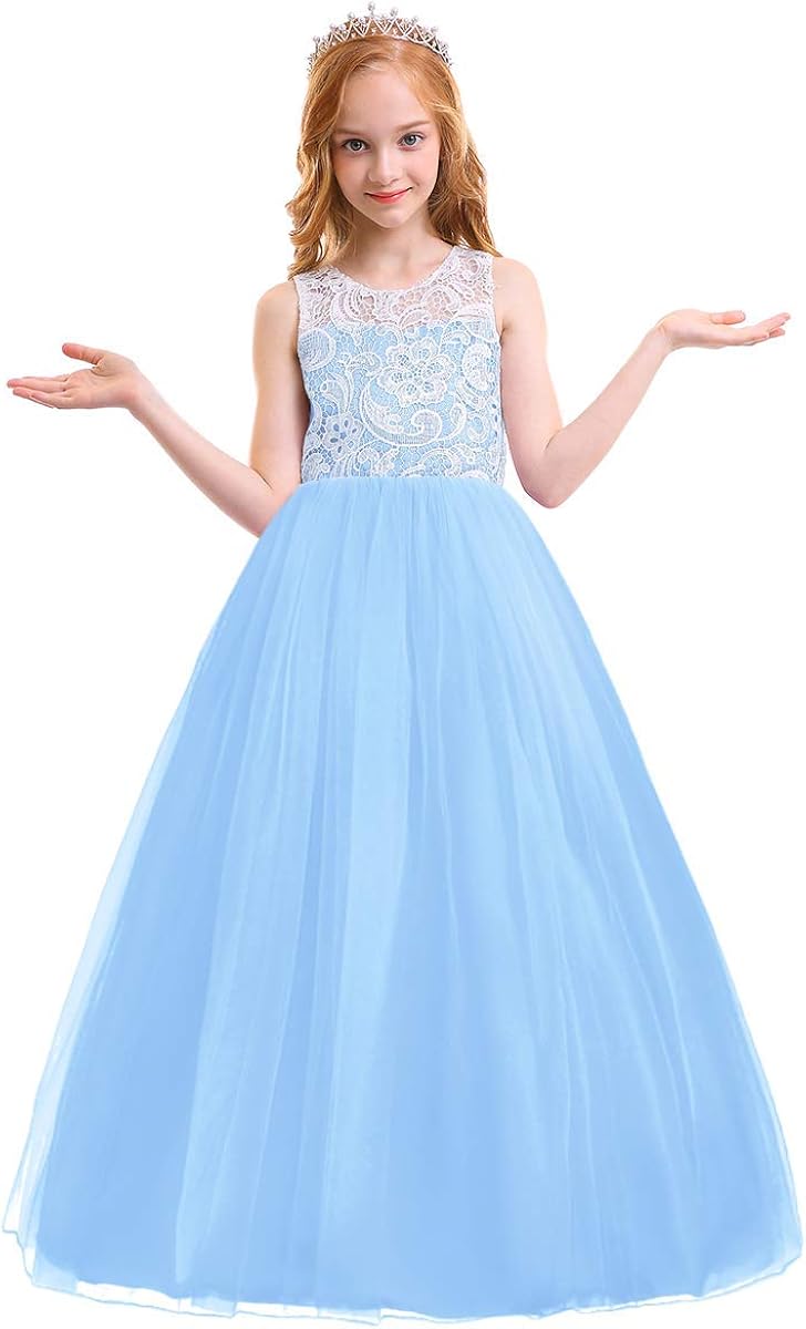 Girls’ Tulle Dresses 7-16 Flower Lace Pageant Party Wedding Floor Length Formal Dance Evening Gowns