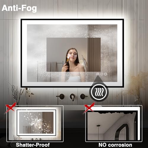 44x30 Bathroom Light up Mirror, Black Double Bright Lights, Anti-Fog Vanity Mirror with Lights, Stepless Dimmable Illuminated Mirror, Touch Control, Waterproof (Horizontal/Vertical)