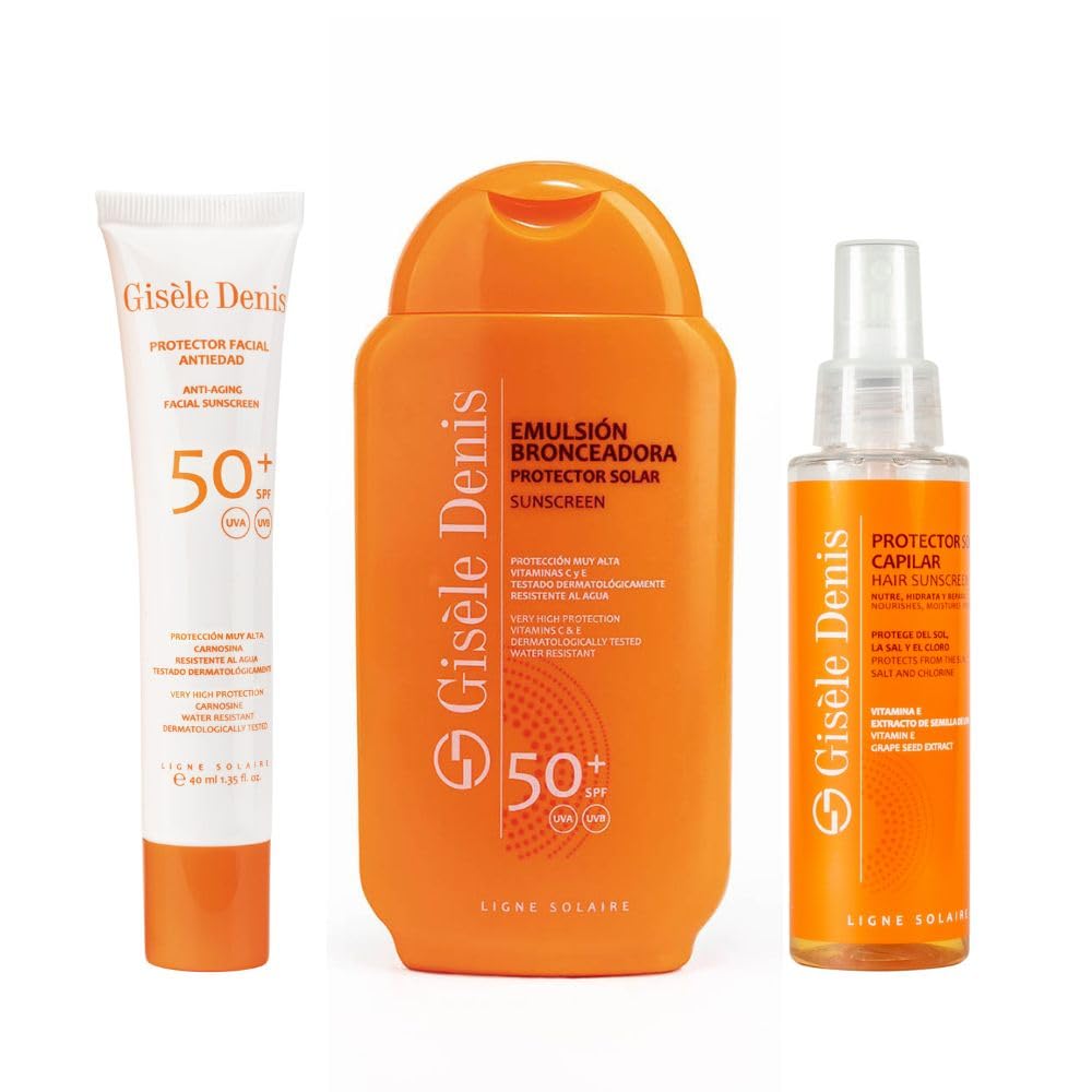 GISÈLE DENIS - Pack Solar Hola Verano, Protector Facial Antiedad 40 ml FPS50+ + Protector Corporal 200 ml FPS50+ + Protector Solar Termico Capilar 100 ml