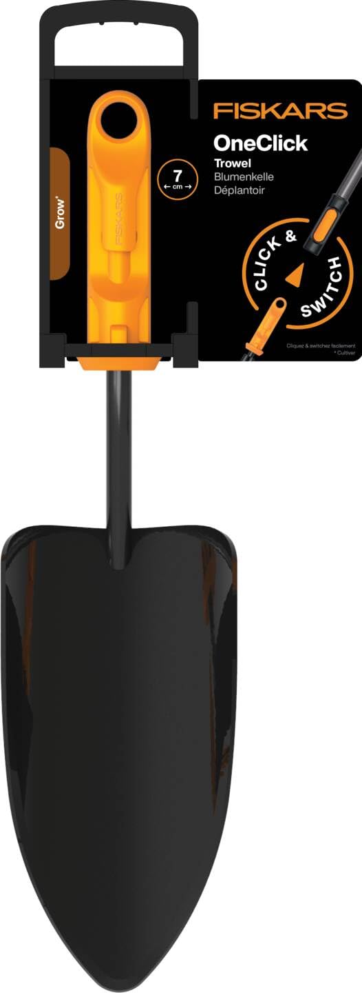 Fiskars OneClick Paletta da Giardino, Accessorio per Piantare e Trapiantare, Cambio Semplice con un Clic, Testa Robusta in Acciaio al Boro, Nero/Arancione, 1080693