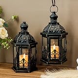 TRIROCKS Set of 2 Vintage Decorative Lanterns 9.5' H Hanging Lantern Metal Candleholder with Tempered Glass for Indoor Outdoor Home Decor Parties Garden Events Wedding(Black with Gold Brush)