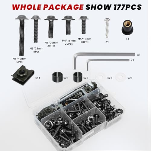 Image of Titanium Motorcycle Fairing Bolt Kit 177Pcs, M5 M6 Stainless Steel | Assorted Well Bolts, Windscreen Screws, Fastener Clips Universal Fit for Kawasaki Suzuki Honda Yamaha BMW Ducati GSXR