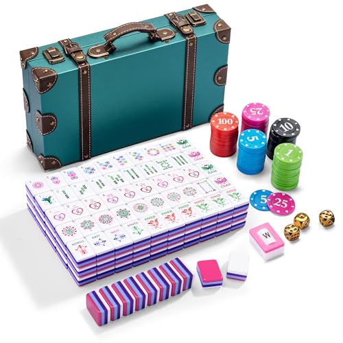 Binood Heart-Shaped American Mahjong Tile Set, 166 Heart-Design 4-Layer Colorful Acrylic Carved Tiles, Vintage Classic Leather Portable Travel Case, 3 Golden Dice, 100 Chips — view 2
