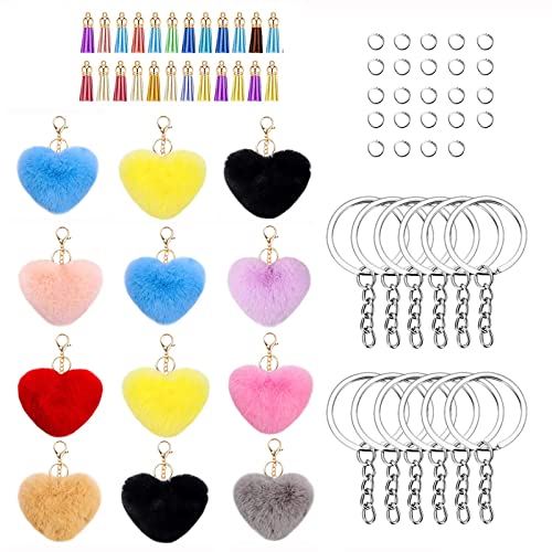 Yooghuge 12 Stück Pompom Schlüsselanhänger Liebesherz, Pompon Schlüsselanhänger Bommel Schlüsselanhänger Plüschball Plüsch Ball Anhänger Pompom Keychain Fellbommel Taschenanhänger für Handtasche Cover