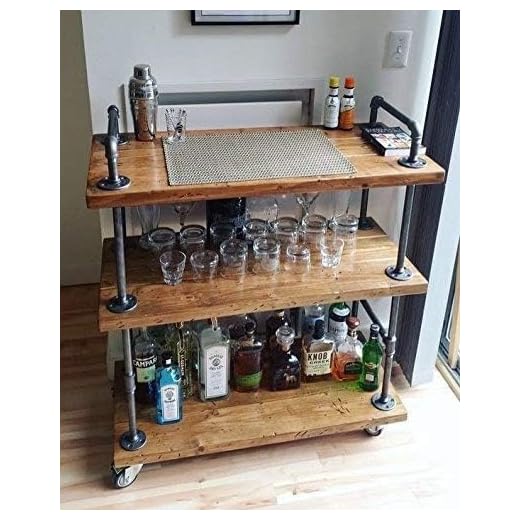 WGX Design For You Wood and Metal Wine Rack with Wheels Kicthen Bar Dining Room Tea Wine Holder Serving Cart Furniture