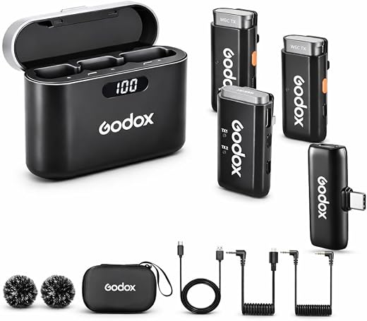 Godox WEC Kit2 4 in1 Wireless Microphone for Camera/PC/Laptop/Phones, 2.4G/20kHz, 200m Range, Noise Cancelling, 8H Use, Yo...