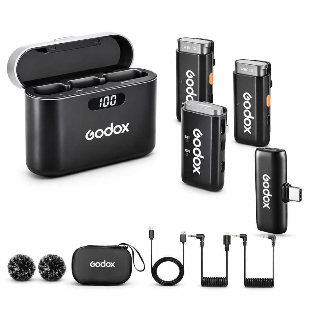 Godox WEC Kit2 4 in1 Wireless Microphone for Camera/PC/Laptop/Phones, 2.4G/20kHz, 200m Range, Noise Cancelling, 8H Use, YouTube, Vlog, Streaming (2TX + Camera RX + Charging Case + USB-C)
