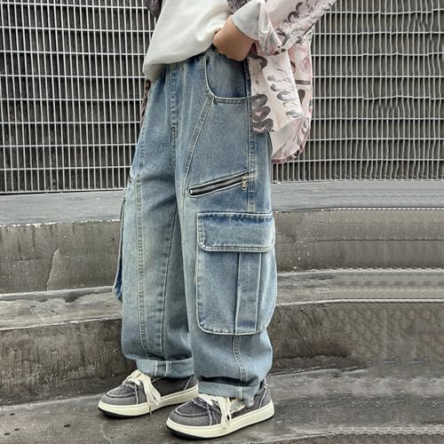 Baggy Cargo Jeans for Kids Boys Elastic Waist Flap Pocket Casual Wide Leg Pull On Denim Pants 4-13 Years 5