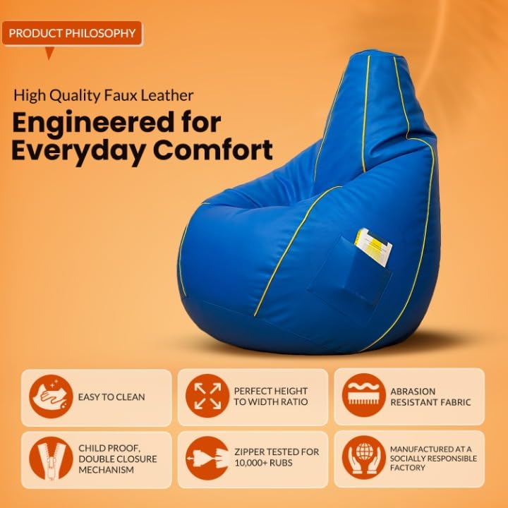 Image of Sattva Classic 2XL Sofa Style Bean Bag Chair with Beans Filled | Faux Leather Bin Bags for Adults | Beanbags Chair with Filled Beans | Filled Bean Bag for Home & Office (Royal Blue with Yellow Piping)