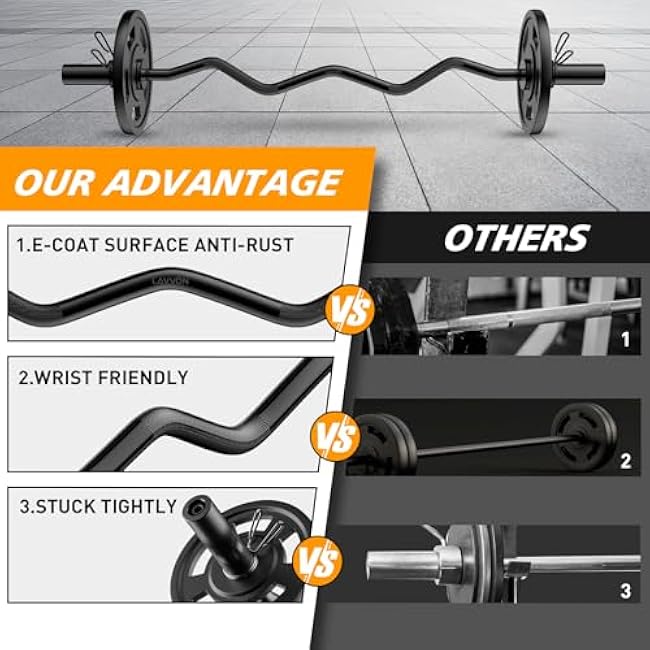 Olympic EZ Curl Barbell Bar 47, 2-Inch Curl Bar for Weight Lifting,Hip Thrusts,Squat,Biceps-Home Gym Weight Bar, Chrome Curling Bar for 2 Inch Weight Plates -2 Spring Collars(500lb Weight Capacity)