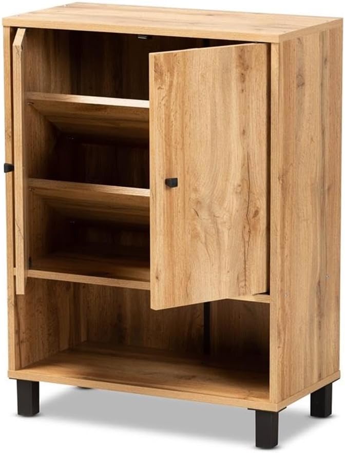 BOWERY HILL Wood Entryway Shoe Cabinet, 2-Door Design, Oak Brown Finish, 4 Shelves for 8 Pairs of Shoes, Ventilation Cut-Outs, Black Polymer Legs and Handles, 32.1 in x 23.6 in x 11.8 in, Modern