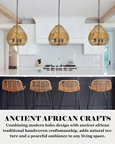 Elyona 3-Light Boho Chandelier, 15.7” Woven Pendant Light Rattan Basket Shade, Coastal Hanging Light Fixtures With Adjustable Iron Chain For Dining Room Kitchen Island Living Room Bedroom Entryway #TOP5