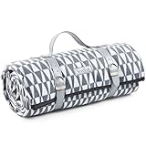 VonShef XL Picknickdecke mit Grauem Geometrischem Muster/Fleecedecke mit Tragegurt aus Kunstleder und Wasserfester Beschichtung – 147 x 180 cm