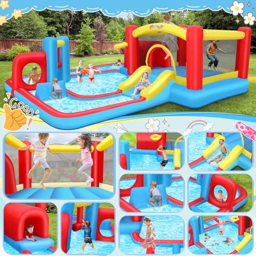 Inflatable Bounce House Water Slide, 14.3x14.3FT Maze Waterpark Obstacle Course w/Jump Area, Splash Pool, Obstacle, Slide, Punching Bag, Basketball Hoop & Tunnel for Kids Backyard Indoor Outdoor