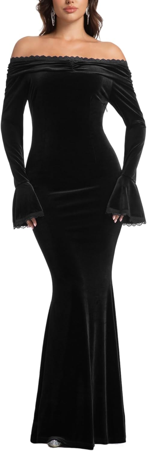 MERMAID'S CLOSET Women's V Neck Floral Lace Maxi Wedding Dress Long Sleeve Flowy Formal Party Dress Fall Spring