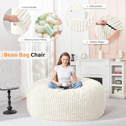Image of HABUTWAY 4FT Bean Bag Chair, 4' Large Bean Bag Chairs for Adults with Removable Stripe Plush Cover, Memory Foam Beanbag Chair for Living Room Bedroom Dorm (White)