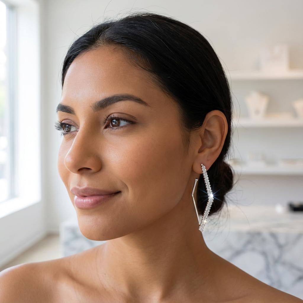 Rhinestone Geometric Hoop Stud Earrings for Women - Sparkly Crystal Statement Jewelry for Evening Parties, Weddings and Special Occasions