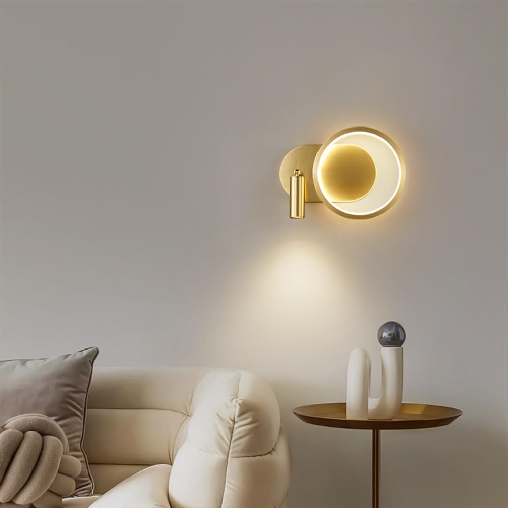 Kinkiet z lampką nocną do czytania, metalowe kinkiety z obrotowym reflektorem, nowoczesne ściemnialne lampy ścienne LED, oświetlenie sypialni, kinkiet 12 W, złoty,Gold