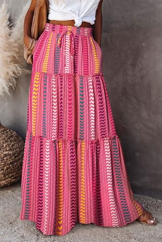 Happy Sailed Womens Floral Print Boho Maxi Skirt Elastic High Waist Pleated Ruffle Flowy Long Skirts S-XL2