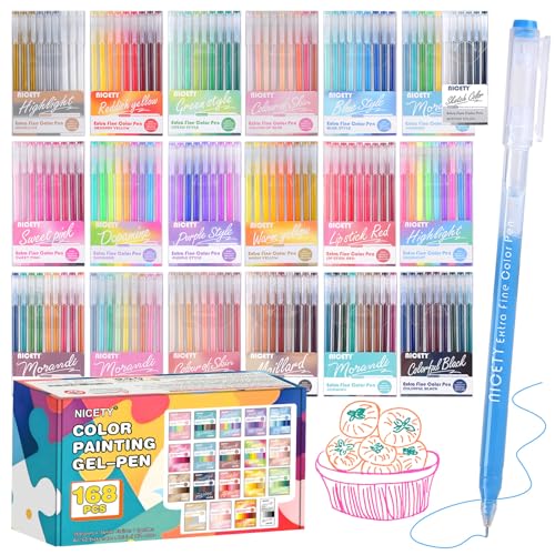NICETY 168 colores gel bolígrafos neutros de alta capacidad, 0,5 mm, transparente, para artistas y estudiantes, dibujo, pintura, entrada escolar, regalos