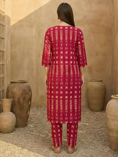 Image of INDO ERA Women Cotton White Printed Straight Kurta Pant Set