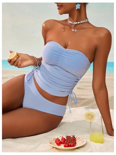 GORGLITTER Women's Striped Bandeau Tankini Swimsuits Side Drawstring Bathing Suit4