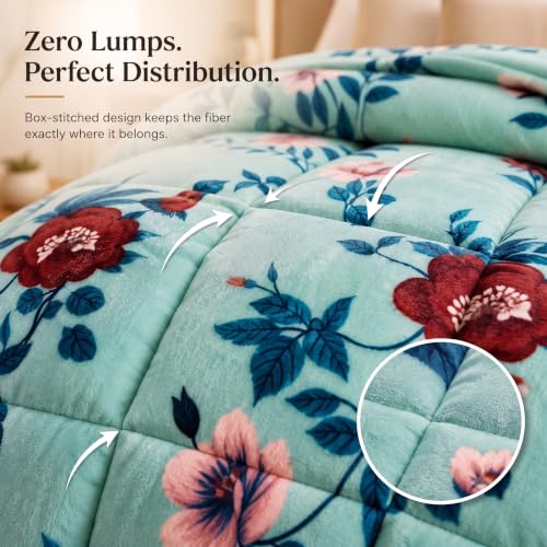 Image of SANMARINO Luxury Flannel Quilted Comforter for Double Bed | Ultra Soft Plush Razai with Modern Floral Design | Fuffly, Cozy All Season Blanket for Mild & Heavy Winter |220x230 cm,Aqua Blue & Teal