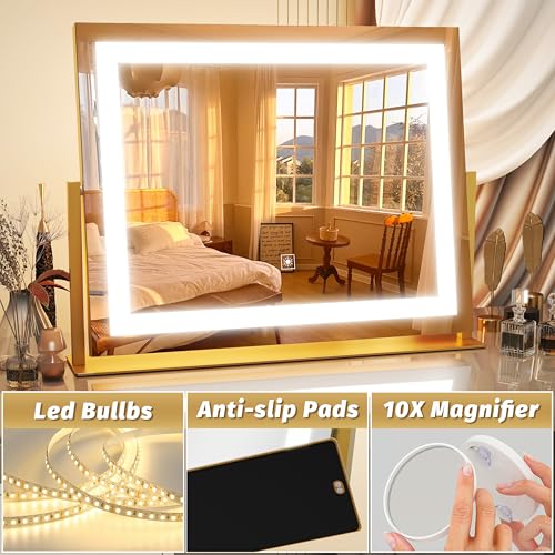 Image of FENNIO Vanity Mirror with Lights 22''x18'' Makeup Mirror with Lights,Lighted Makeup Mirror with 10X Magnification ,Smart Touch Screen with 3-Color Lighting,Dimmable(Square Gold)