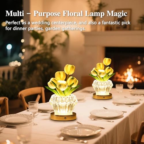 Image of Blue Tulip Flower Lamp Diamond Vase, 3 Color Night Light Dimmable Touch Control Artificial Floral Decor for Bedroom Bar Coffee Shop Wedding Birthday Gifts for Women Christmas Valentine Mothers Day