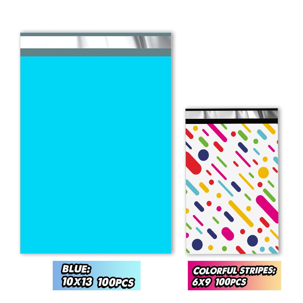 Vapulcio Blue 10x13 inch 100 mailing envelope bags plus 6x9 inch 100 mailing bags. Courier bag with self sealing tape, waterproof and tear resistant courier bag.