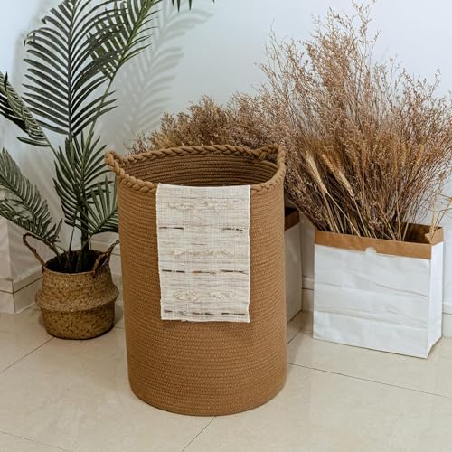 Image of ALBY Woven,Tall Wicker Laundry Basket for Blankets,Clothes,Pillows,Toys,Shoes Large Cotton Laundry Hamper for Bedroom Living Room Bathroom Nursery (12''D x 15''H INCH, LIGHT BROWN)