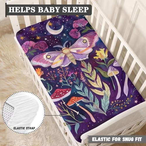 Image of Mushroom Moth Crib Sheets for Baby Girls - Super Soft, Breathable Fitted Sheets (28''x 52'') - Butterfly Moon, Purple
