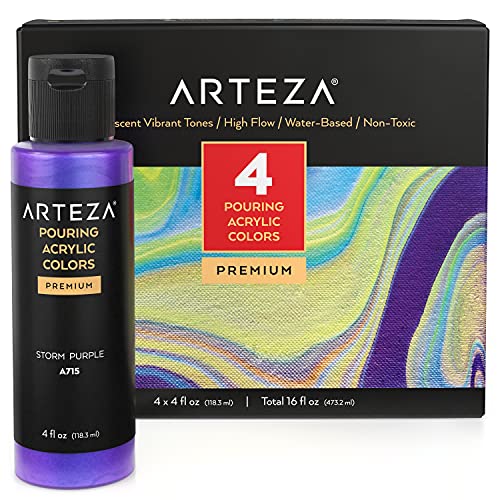 Arteza Iridescent Acrylic Paint, Set of 4, Vibrant Tones, 4 fl oz Bottles, High-Flow Pouring Paint, Art Supplies for Canvas, Glass, Wood, Ceramics, Tile, and Stone