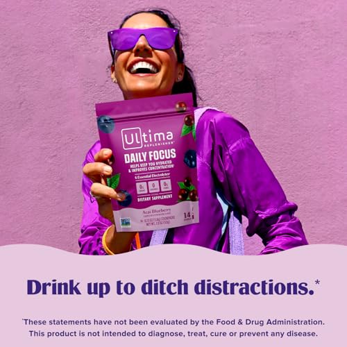 Image of Ultima Replenisher Daily Focus Supplement, Acai Blueberry, 14 Stickpacks | Daily Zero Sugar Electrolyte Powder Hydration Packets with 6 Key Electrolytes & L-Theanine to Improve Focus - Keto Friendly