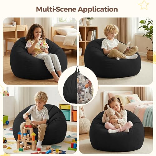 Image of Stuffed Animal Storage Bean Bag Chair Cover for Kids (No Filler), Soft Comfy Velvet Beanbag Chair Cover Machine Washable, Kids Bean Bag Chair with Handle for Living Room Bedroom Dorm, Black