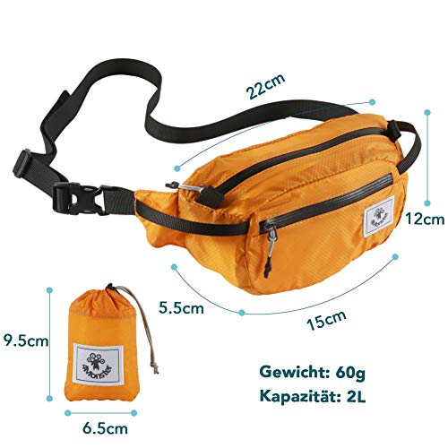 4Monster 2L Gürteltasche Wasserabweisend, Tragbare Bauchtasche Ultraleicht, Portable Hüfttasche für Damen Herren Outdoor Sport Reise Wandern (Orange, 2L)