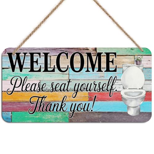 Image of Funny Bathroom Hanging Wooden Wall Sign Decor, Please Seat Yourself Wood Sign Plaques, Humorous Signs Wall Art Decor for Bathroom Farmhouse, 12 x 6 Inch