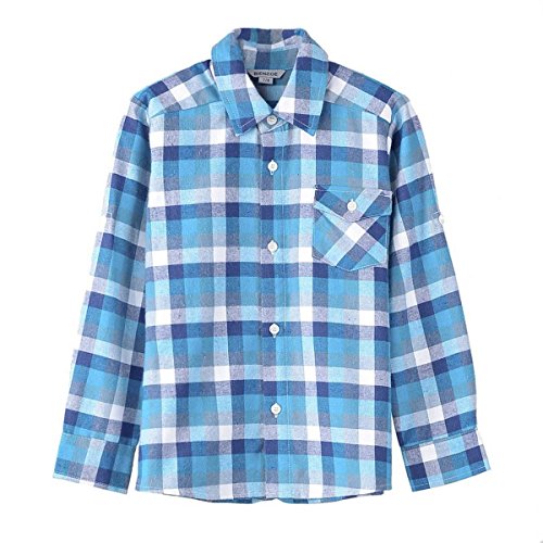 Bienzoe Garçon Flanelle Coton Manche Longue Plaid Chemise Bleu 3/4 Cover