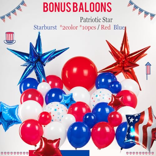 Image of Patriotic balloons Red White and Blue balloon garland arch kit with star print and flag star mylar balloon Tissue Paper Tassels Banner for 4th of july independent day Veteran Day party decorations