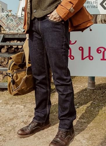Men’S Casual Slim Straight Fit Selvedge Denim Full Length Jeans Zipper Fly Low Rise Midweight Rinsed Daily Wear Pants4