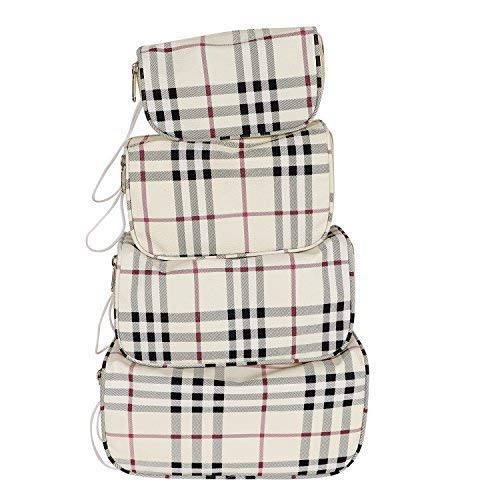 Polyester Set Of 4 Multipurpose Transparent Travel Pouch Makeup Toiletry Kit Bag Pouch For Women Makeup Organizer Bag Vanity, Shaving Kit Toiletry Bag For Men -(White Checks -2)-image-3
