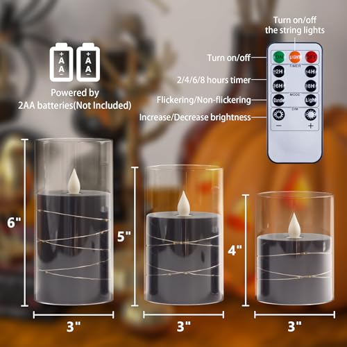 Image of Flameless Flickering 3 inch x4 inch 5 inch 6 inch Clear Plastic Black 11-Key Remote Candles with Light Strings, LED Battery Operated Cycle Timer Pack of 3 Candles for Halloween Festival Decor