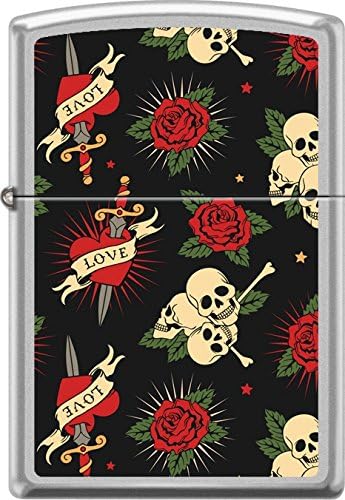 Zippo Tattoo Art Roses Hearts Love Dagger Skulls Satin Chrome Windproof Lighter